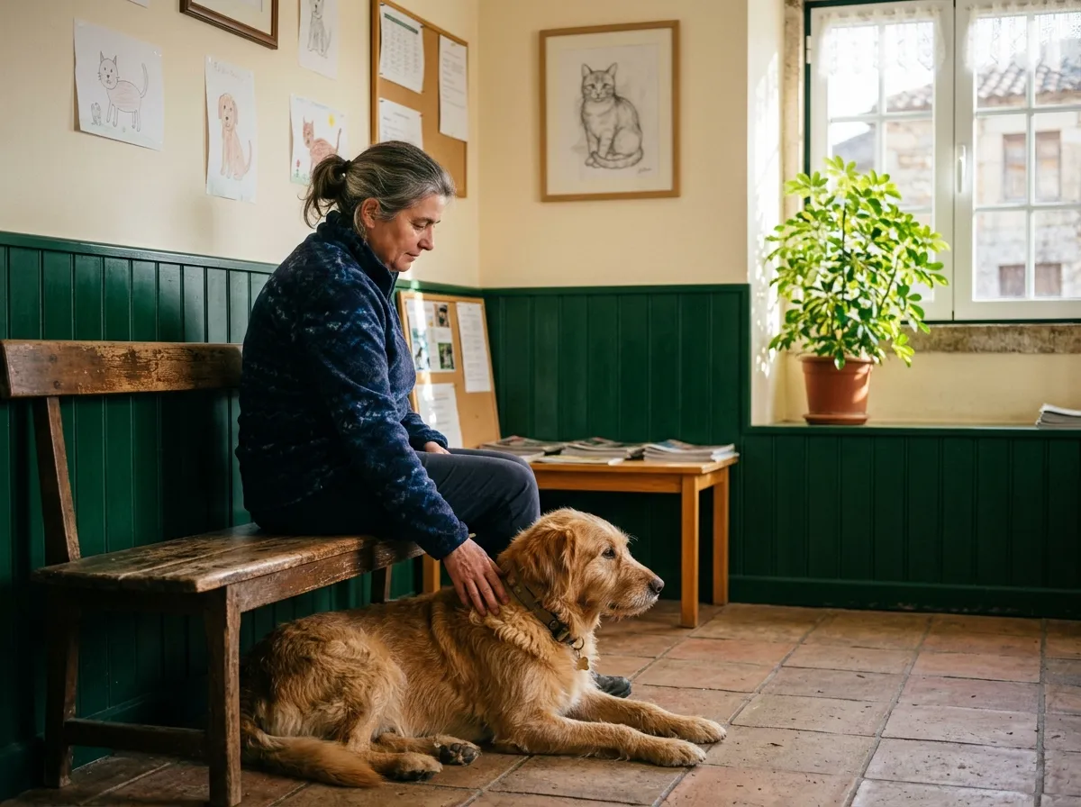 A sala de espera da Clínica Veterinária do Vale com um cão à espera ao lado do dono