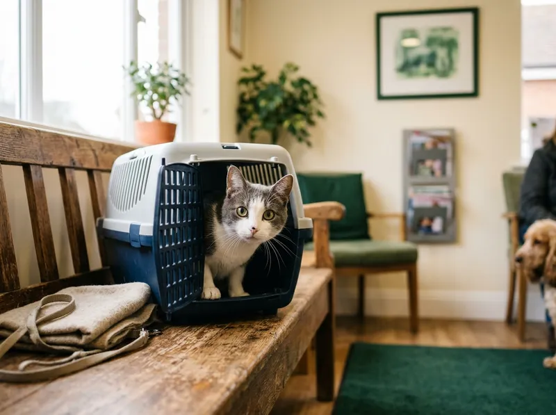 Um gato na transportadora na sala de espera