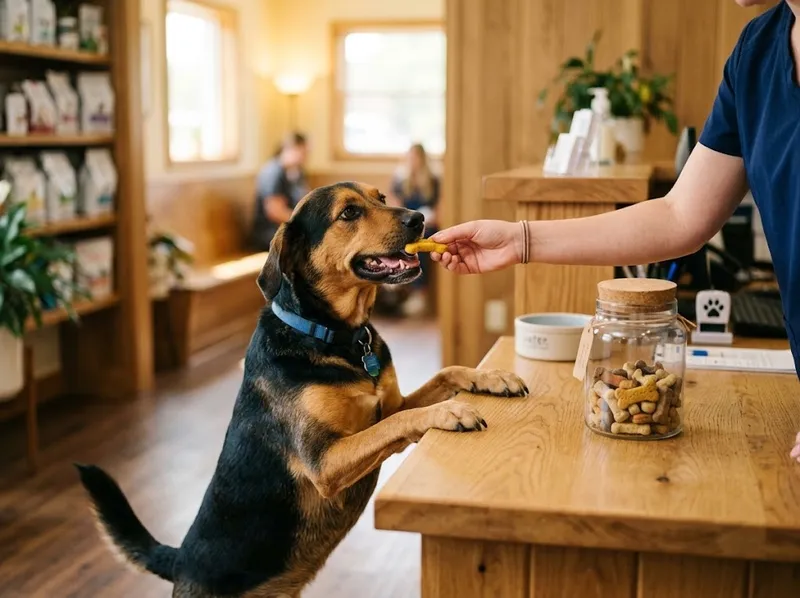 Um cão a receber um biscoito ao balcão