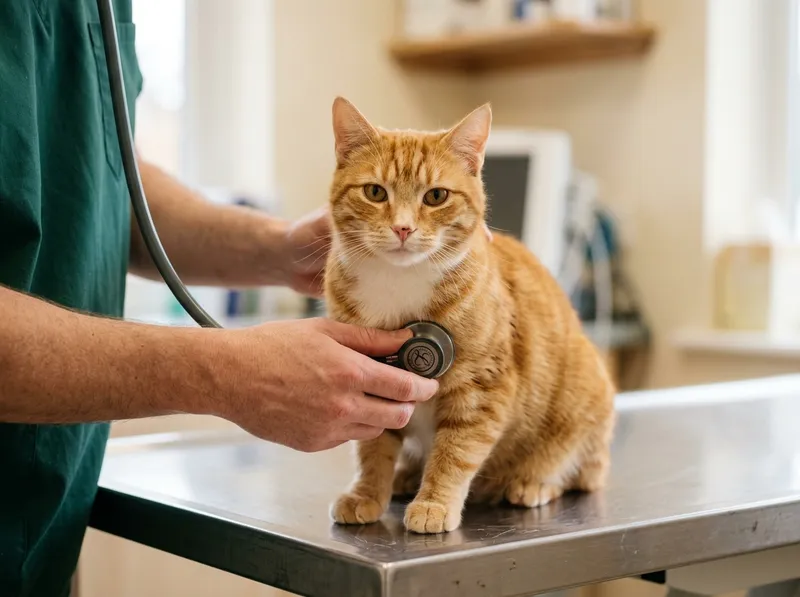Uma veterinária a auscultar o coração de um gato