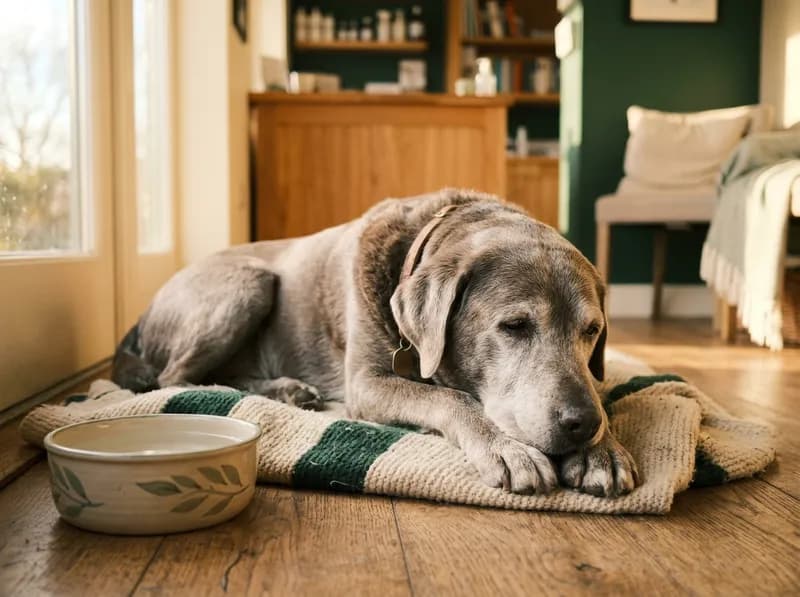 Um cão mais velho a descansar depois do check-up