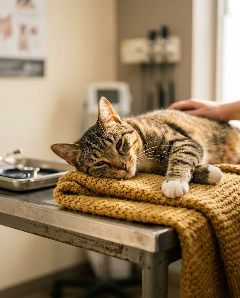 Um gato malhado tranquilo deitado numa manta depois da consulta