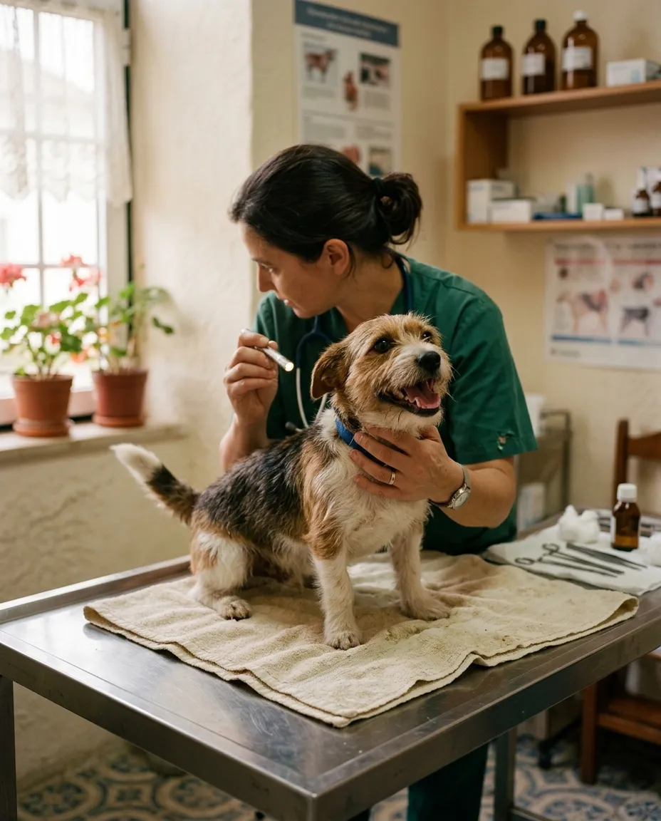 Uma veterinária a examinar com cuidado um cão pequeno na mesa de consulta
